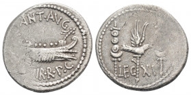 Roman Republic
Marc Antony (32-31 BC.) Military mint moving with M.Antony
AR Denarius (18.5mm 3.5g)
Obv: ANT AVG III VIR R P C, Galley right, with sce...