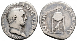 Roman Imperial 
Vitellius (69 AD) Rome
AR Denarius (19.5mm, 3.1g)
Obv: A VITELLIVS GERMANICVS IMP. Bare head right.
Rev: XV VIR SACR FAC. Tripod, dolp...