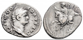 Roman Imperial 
Domitian (69-81 AD)Rome
AR Denarius (20.2mm, 2.8g)
Obv: CAES AVG F DOMIT COS II. Laureate head right.
Rev: Domitian, raising hand and ...