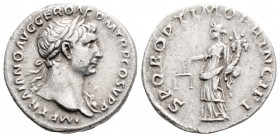 Roman Imperial
Trajan (98-117 AD) Rome
AR denarius (18.2mm, 3.1g)
Obv: laureate bust draped to right of Trajan, drapery on far shoulder, around IMP TR...
