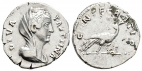 Roman Imperial
Diva Faustina I (Died 140/1 AD) Rome
AR Denarius(20mm 3.18g)
Obv: DIVA FAVSTINA.Draped and veiled bust right.
Rev: CONSECRATIO.Peacock ...