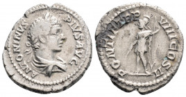 Roman Imperial
Caracalla (193-217 AD) Rome
AR Denarius (20mm, 2.7g)
Obv: Laureate and draped bust right.
Rev: Mars standing left, holding shield and i...