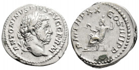 Roman Imperial
Caracalla (197-217 AD) Rome
AR Denarius (19mm 3.5g)
Obv: ANTONINVS PIVS AVG GERM.Laureate head right.
Rev: P M TR P XX COS IIII P P.Ser...