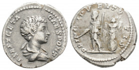 Roman Imperial
Geta, as Caesar (198-209 AD) Rome
AR Denarius (19.3mm, 2.3g)
Obv: P SEPT GETA CAES PONT Bare-headed and draped bust of Geta to right, s...
