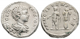 Roman Imperial
Geta as Caesar, (198-209 AD). Rome
AR Denarius (19mm 3.5g)
Obv: P SEPT GETA CAES PONT. Bareheaded and draped bust right.
Rev: PRINC IVV...