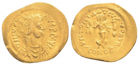 Byzantine
Justin II (565-578) Constantinople
GOLD Tremissis (15.9mm, 1.48g)
Obv: D N IVSTINVS P P AVG. Diademed, draped and cuirassed bust right.
Rev:...