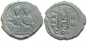 Byzantine
Justin II and Sophia (565-578 AD) Constantinople 
AE Follis (28.6mm, 13.9g)
Obv: D N VSTINVS P P AV, Justin left and Sophia right, seated fa...