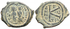 Byzantine
Justin II with Sophia (565-578 AD). Military mint imitating Thessalonica. Dated RY 4 (568/9).
AE Half Follis (26mm 5.8g)
Obv: Justin, holdin...