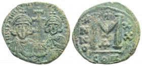 Byzantine
Justinian II with Tiberius ( 705-711 AD) Constantinople
AE Nummi (21.6mm, 3.7g)
Obv: Crowned and draped busts of Justinian and Tiberius f...