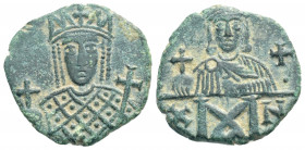 Byzantine
Cnstantine VI and Irene (780-797 AD) Constantinople
AE Follis (18.6mm, 2.4g)
Obv: Crowned facing bust of Irene, holding cruciform sceptre an...