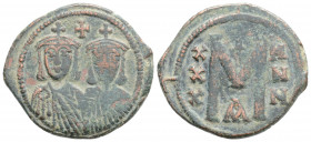 Byzantine
Nicephorus I, with Stauracius (802-811 AD) Constantinople
AE Follis (24.9mm, 5.5g)
Obv: Facing busts of Nicephorus on the left, with short b...