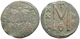 Byzantine
Michael II with Theophilus (820-829 AD) Constantinople
AE Follis (29.4mm, 7.3g)
Obv: MIXAHL S ΘЄOFILOS, crowned facing busts of Michael and ...