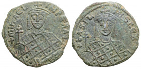 Byzantine
Michael III "the Drunkard" with Basil I. (842-867 AD) Constantinople
AE Follis (24.9mm, 5.6g)
Obv: Crowned facing bust of Michael, holding p...