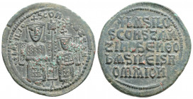 Byzantine
Basil I the Macedonian with Constantine (867-886 AD) Constantinople
AE Follis (28.9mm, 6.9g)
Obv: + ЬASILO S COҺST ЬASILIS. Basil and Consta...