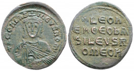 Byzantine
Leo VI the Wise (886-912 AD) Constantinople
AE Follis (27.4mm, 6.2g)
Obv: Crowned and draped bust facing, holding akakia
Rev: +LЄOҺ/ЄҺ ӨЄO Ь...