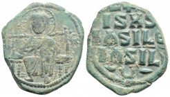Byzantine
Constantine IX (1050-1060 AD) Constantinople
AE Follis (28.4mm, 9.1g)
Obv:Christ seated facing on throne with back, wearing nimbus cruciger,...