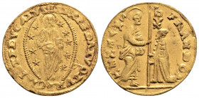 Italy. Venice, Francesco Donà (1545-1553 AD)
Gold Zecchino (21.3mm 3.48g)
Obv:St Mark standing facing giving a banner to the doge kneeling in front of...