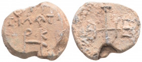 Byzantine Lead Seal ( 5-7th centuries)
Obv: Cruciform monogram
Rev: Cruciform monogram, 2 (two) lines of text.
(12.3 g, 22.7 mm diameter)