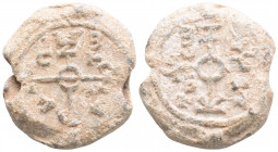 Byzantine Lead Seal (6th-8th Centuries)
Obv: Large cruciform monogram
Rev: Large cruciform monogram
(18.2g, 27.5mm Diameter)