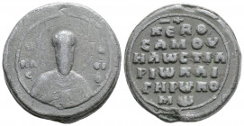 Byzantine Lead Seal ( 8th century)
Obv: Facing bust saint.
Rev: 6 (six) lines of text. Pearl border.
(16.2 gr, 25.6 mm diameter)