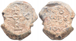 Byzantine Lead Seal ( 9th century)
Obv: Cruciform monogram
Rev: 4 (four) lines of text.
(22.4 g, 29.3 mm diameter)
