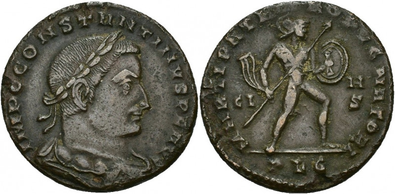 IMPERIO ROMANO. CONSTANTINO I. Follis. Lugdunum (308-309). A/ Busto laureado, dr...