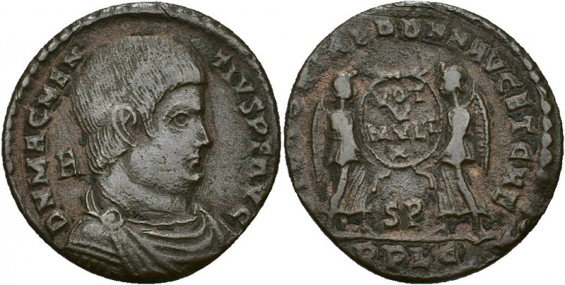 IMPERIO ROMANO. MAGNENCIO. Follis. Lugdunum (351-353). A/ Busto drapeado y acora...