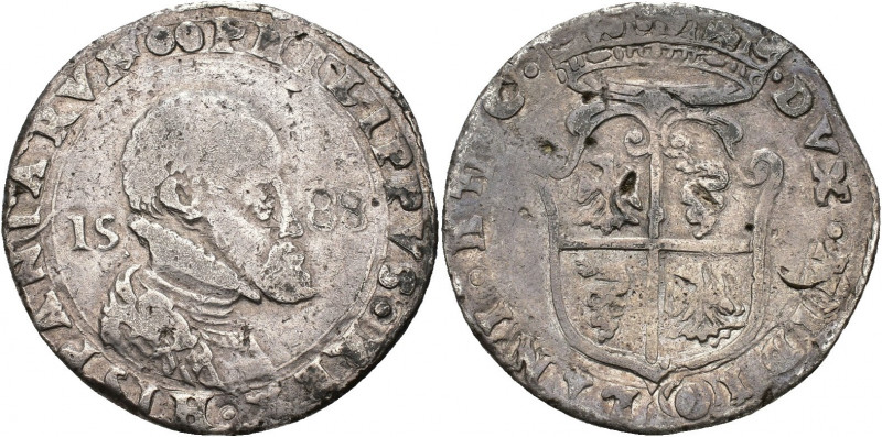 FELIPE II. 1/2 ducatón o escudo de plata. 1588. Milán. AR 15,67 g. 32,1 mm. Crip...