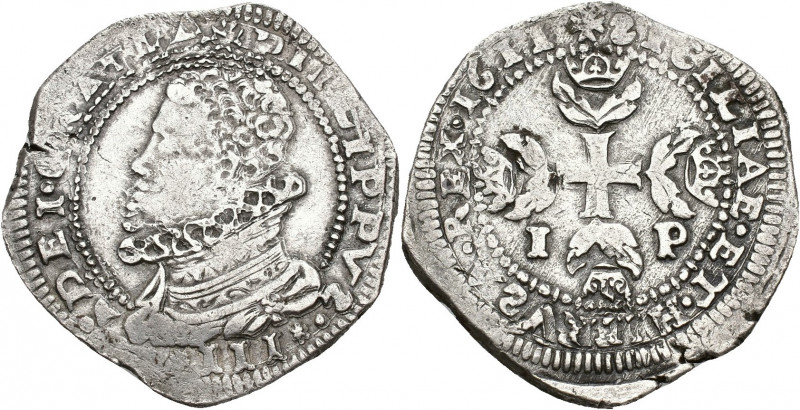 FELIPE III. 1/2 escudo o 5 tarí. 1611. Messina. AR 15,79 g. 35,7 mm. Spahr-16. O...