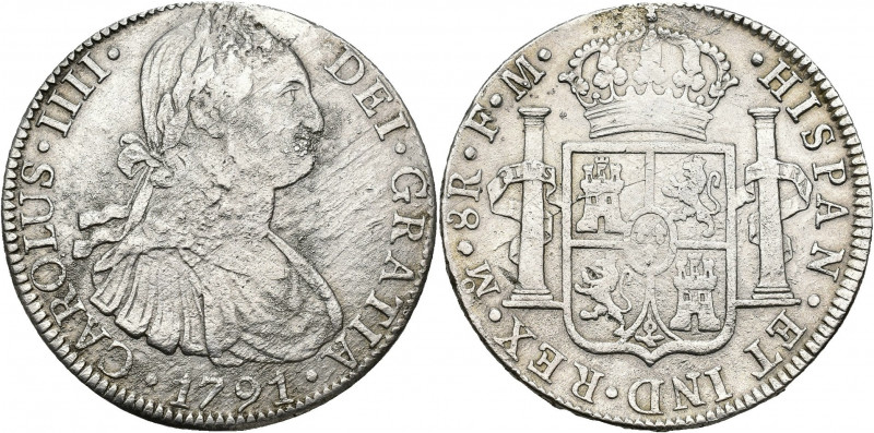 CARLOS IV. 8 reales. 1791. México. FM. AR 26,96 g. 39,6 mm. VI-787. Fuertes eros...