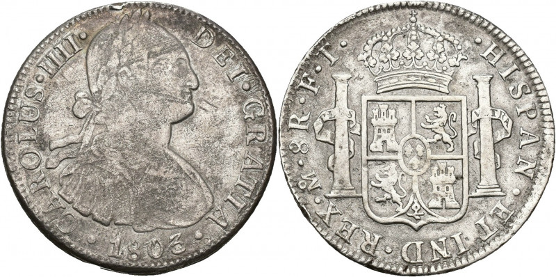 CARLOS IV. 8 reales. 1803. México. FT. AR 25,97 g. 40,1 mm. VI-800. Erosiones y ...