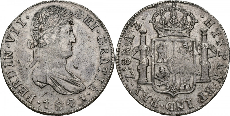 FERNANDO VII. 8 reales. 1821. Zacatecas. AZ. AR 26,84 g. 38,5 mm. VI-1210. Vano ...