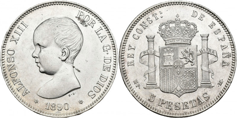 ALFONSO XIII. 5 pesetas. 1890. MPM. AR 25,04 g. 37,4 mm. VII-180. Pequeñas marca...