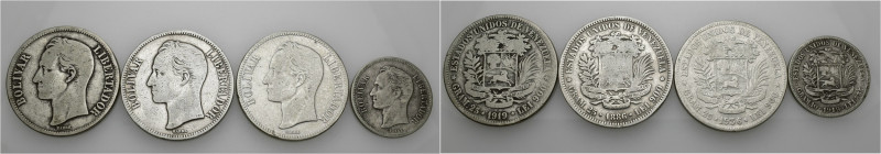 MONEDAS EXTRANJERAS. VENEZUELA. Lote de 4 piezas: 5 bolívares (1886, 1919 y 1936...