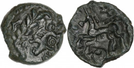 Aulerques - Éburovices (60-50 av J.C.) - Bronze - Évreux.
A/ Sanglier, en-dessous annelet et besants. 
R/ Cheval à gauche, en-dessous, une rouelle. 
1...
