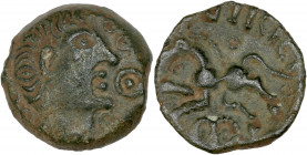 Pagus - Catuslugi (50-40 av J.C.) - Sanctuaire de Bois l'Abbé - Bronze - Viiricivs.
A/ Tête à droite et annelet devant la bouche.
R/ VIRICI,
cheval à ...