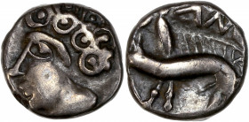 Séquanes - Besançon (IIe - Ier siècles avant J.-C.) - Ar- Denier.
A/ Tête à gauche.
R/ Sanglier à gauche. 
11mm - 1.51g. - TTB