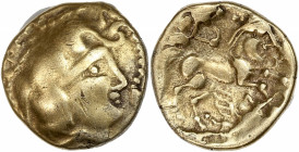 Veneti - Vannes (IIe siècle avant J.-C.) - Or - Quart de statère d'or à la tête composite, personnage ailé.
A/ Tête à droite.
R/ Cheval androcéphale à...