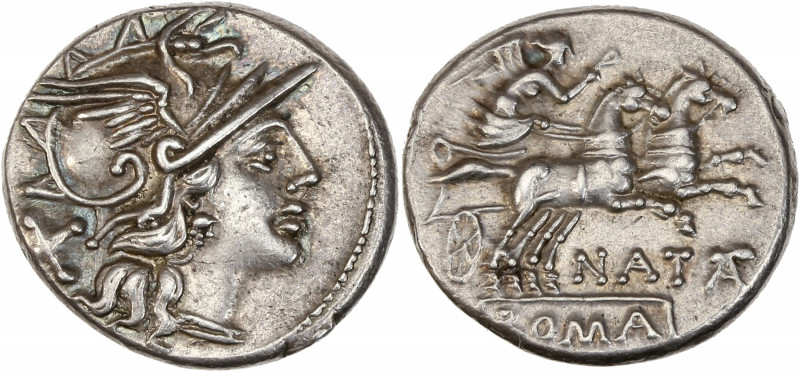 Pinarius. Pinarius Natta (149 av J.-C.) - Ar - Denier - Rome.
A/ Tête casquée d...