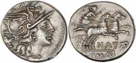 Pinarius. Pinarius Natta (149 av J.-C.) - Ar - Denier - Rome.
A/ Tête casquée de Rome à droite, à gauche: la lettre X.
R/ NATA, exergue: ROMA,
la V...