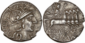 Antestius. L. Antestius Gragulus (136 av J.-C.) - Ar - Denier - Rome.
A/ GRAG,
Tête casquée de Rome à droite.
R/ LAES, exergue: Roma,
Jupiter dans...