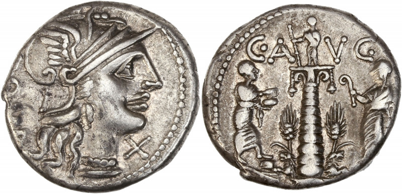 C. Minucius Augurinus (135 av. J.-C.) - Ar - Denier - Rome.
A/ ROMA,
Tête casq...