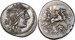 L Caecilius Metellus Diadematus (128 av J.-C.) - Ar - Denier - Rome.
A/ Tête casquée de Rome à droite, à l'arrière, la lettre X.
R/ ROMA,
la Pax da...
