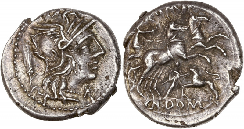 Cn. Domitius Ahenobarbus (128 av J.-C.) - Ar - Denier - Rome.
A/ Tête casquée d...