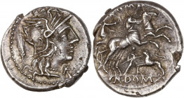 Cn. Domitius Ahenobarbus (128 av J.-C.) - Ar - Denier - Rome.
A/ Tête casquée de Rome à droite, à gauche un épi de blé, marque de la valeur sous le m...