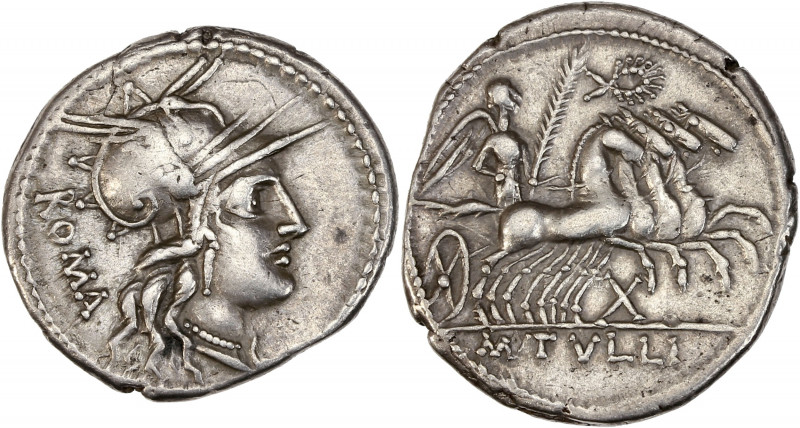 Tullius. M. Tullius (120 av J.-C.) - Ar - Denier - Rome.
A/ ROMA,
Tête casquée...