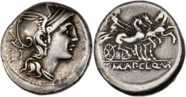 Appius Claudius Pulcher (111-110 av J.-C.) - Ar - Denier - Rome.
A/ Tête casquée de Rome à droite, à gauche, sous le casque, un cercle.
R/ T MAP CL ...