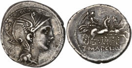 Appius Claudius Pulcher (111-110 av J.-C.) - Ar - Denier - Rome.
A/ Tête casquée de Rome droite, à gauche: sous le casque, un cercle à gauche.
R/ T ...