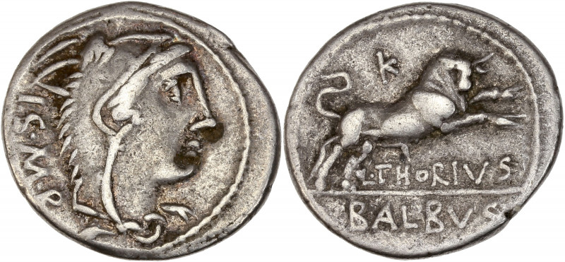 L. Thorius Balbus (105 av J.-C.) - Ar - Denier - Rome.
A/ I S M R,
tête de Jun...