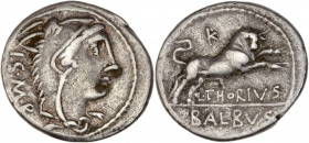 L. Thorius Balbus (105 av J.-C.) - Ar - Denier - Rome.
A/ I S M R,
tête de Juno Sospita à droite portant une coiffe de chèvre.
R/ LTHORIVS, exergue...